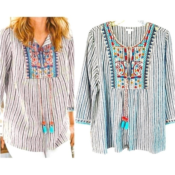 J.Jill Love Linen Boho Striped Embroidered Peasant Top with Tassels 3/4 Sleeve M - Picture 1 of 16